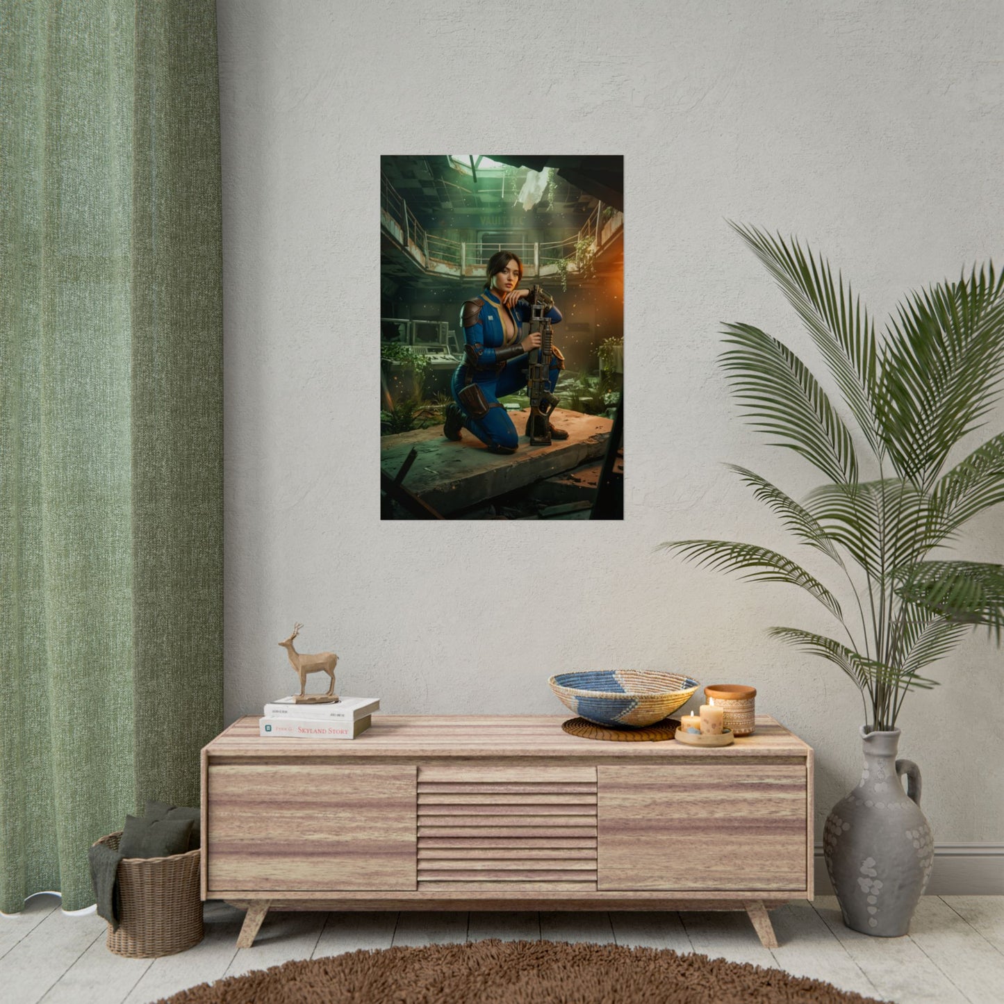 Lucy Poster, Fallout Series Art Print, Iconic Vault Dweller Wall Decor featuring the vault dweller in blue suit posed in a gritty sci‑fi interior