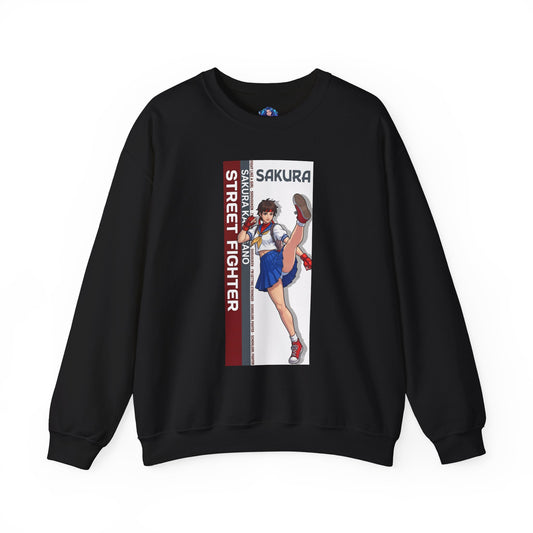 Sakura Sweatshirt, Street Fighter Crewneck, Classic Fighting Game Apparel for Fans - black crewneck with Sakura artwork and red-white design