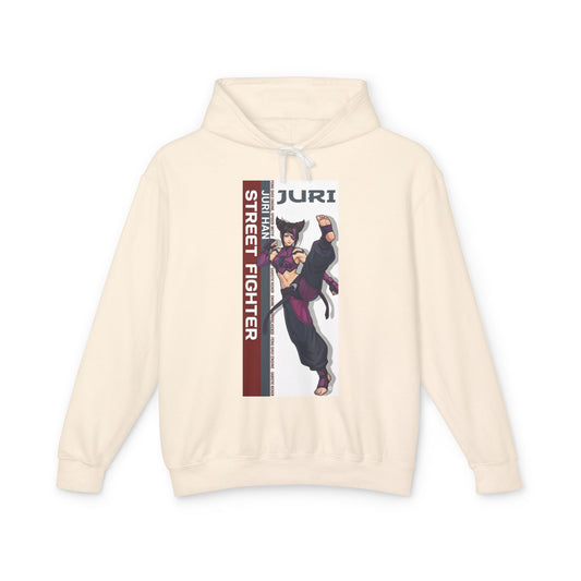 Juri Hoodie | Street Fighter Hoodie | Anime Fighter Girl Pullover - cream pullover with bold Juri anime illustration and vertical Street Fighter text