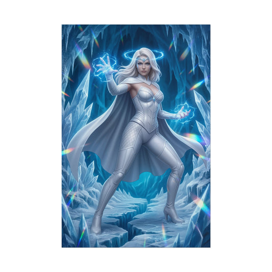 Alt Tag: Emma Frost Poster, Marvel Wall Art Print – Comic Heroine Decor — ice cave portrait of Emma Frost using diamond powers, premium high-res print