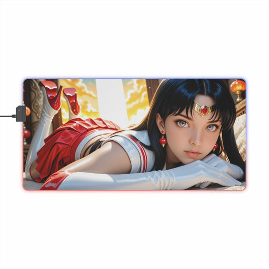Sailor Mars Desk Mat – LED RGB Pad, Mystic Waifu Anime Girl Setup — reclining Sailor Mars with serene expression, flowing hair and RGB edge