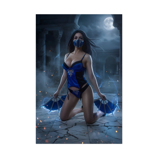 Kitana Poster / Kitana Wall Art / Kitana Art Print / Mortal Kombat Poster - cinematic moonlit Kitana kneeling with blue fans and swirling energy