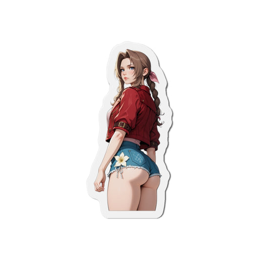 Aerith Magnet – FF7 Anime Girl Fridge Magnet, Cute Flower Girl Decor die-cut vinyl magnet showing anime Aerith in red jacket and denim shorts