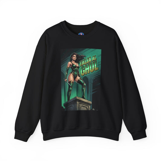Talia al Ghul Sweatshirt, DC Comics Character Art, Premium Fan Apparel — black crewneck with illustrated poised Talia al Ghul in green tones