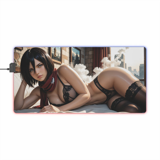 Mikasa Ackerman Desk Mat – LED RGB Pad, Waifu Anime Girl Gaming Setup featuring reclining anime Mikasa in red scarf and lace outfit on RGB mousepad