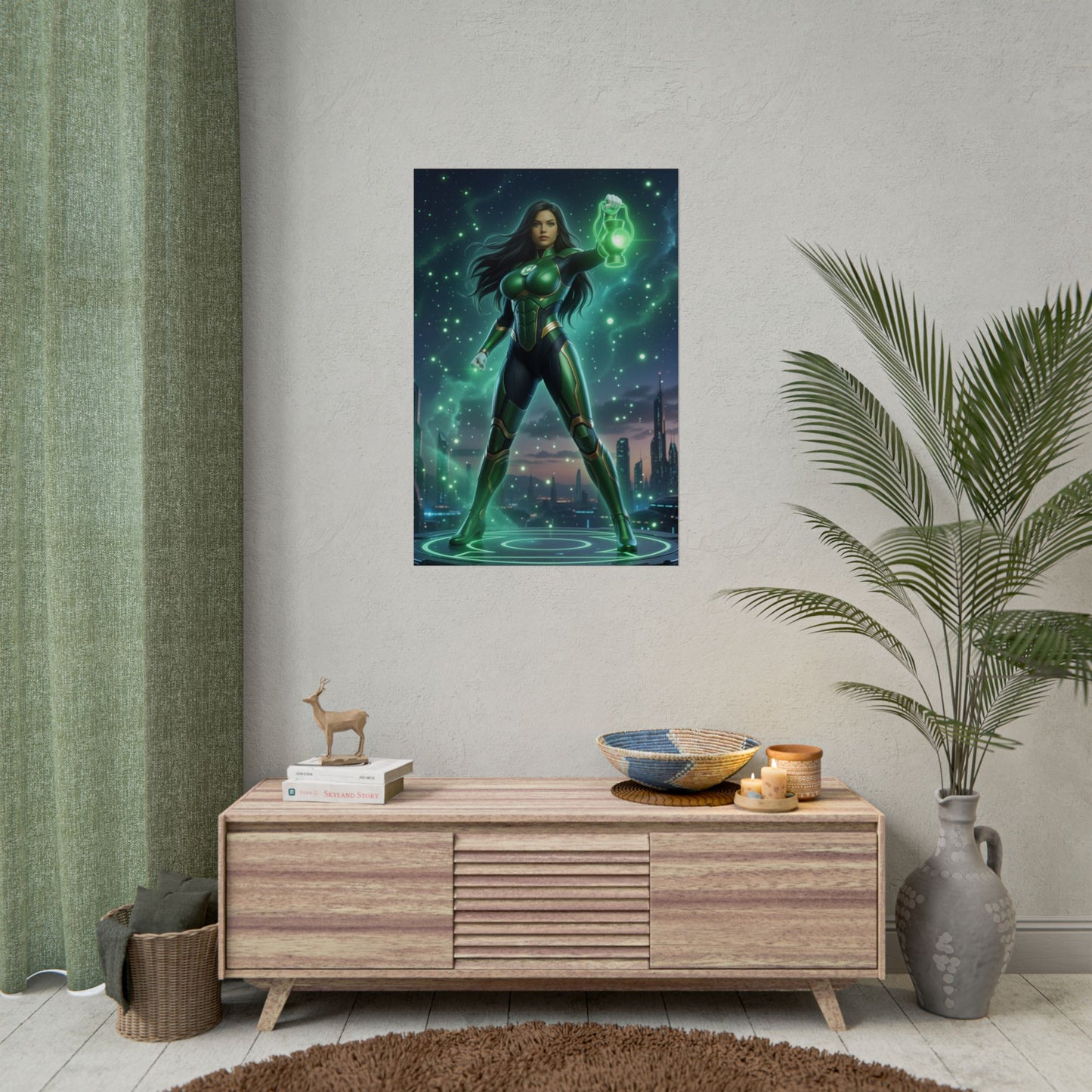 Jessica Cruz Poster, DC Comics Wall Art Print – Heroine Decor hanging in modern living room showcasing vibrant Green Lantern heroine art