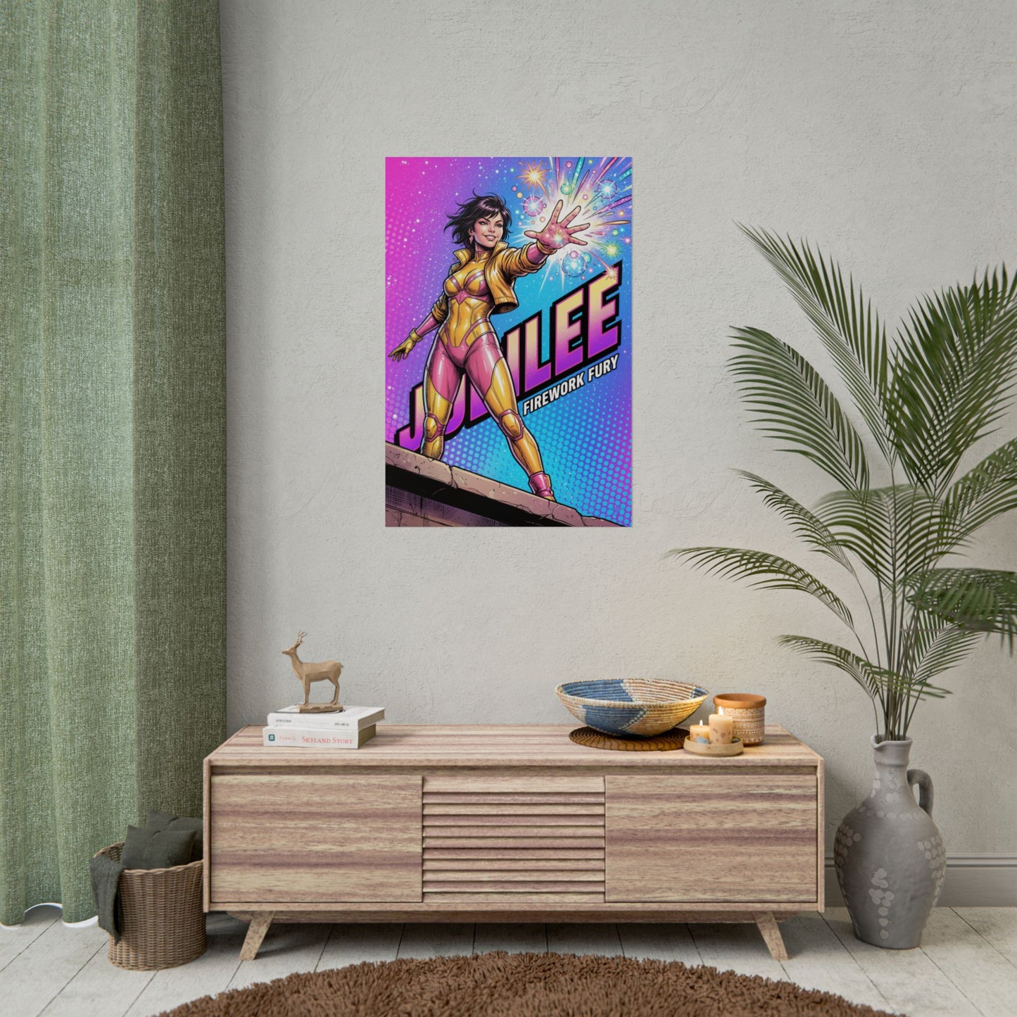Jubilee Poster / Jubilee Wall Art / Jubilee Art Print / X-Men Poster – vibrant Jubilee heroine unleashing colorful energy bursts in cosmic comic style