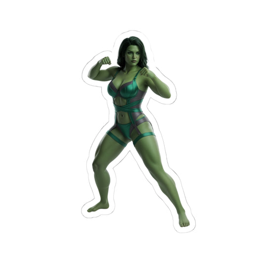 She-Hulk Sticker – Comic Heroine Vinyl Sticker for Laptops & Indoor Decor, glossy durable vinyl showing strong green superhero pose