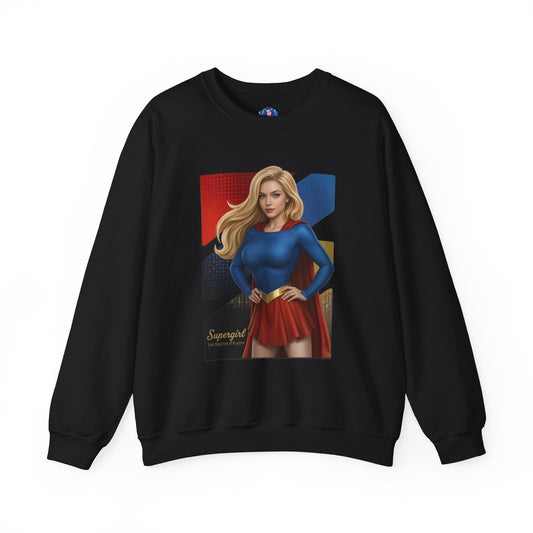 Supergirl Sweatshirt, DC Comics Crewneck, Iconic Superhero Apparel for Fans - black crewneck with bold Supergirl illustration and red-blue design