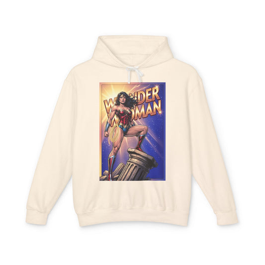Wonder Woman Hoodie | DC Superhero Hoodie | Amazon Warrior Pullover cream pullover with vintage Wonder Woman poster graphic