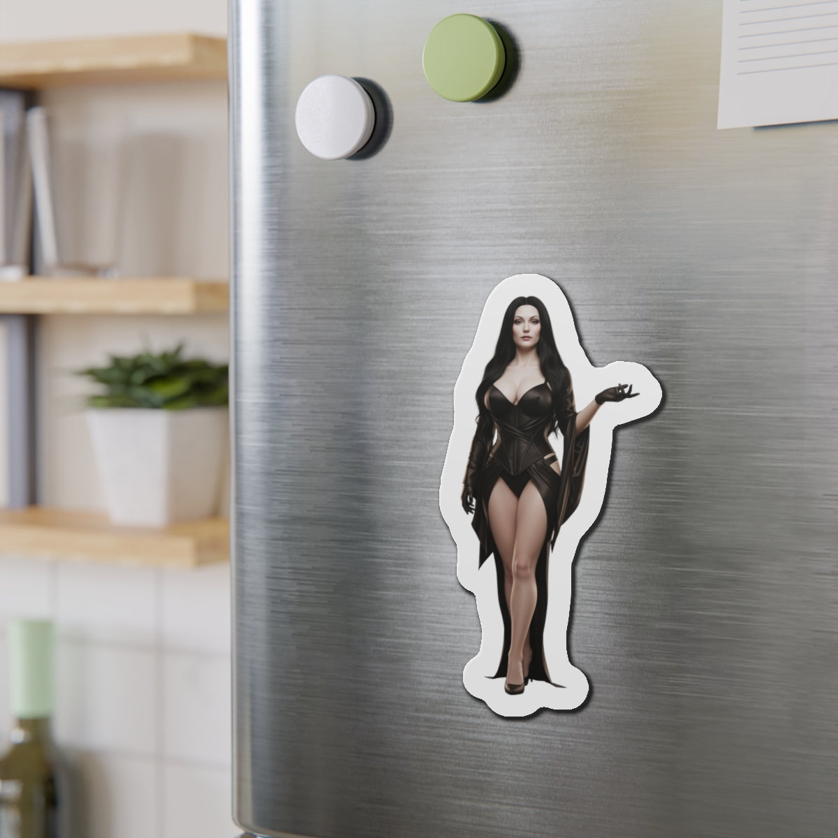 Morticia Addams Magnet – Gothic Icon Fridge Magnet, Anime Style Decor on stainless fridge showing anime-style die-cut vinyl magnet of Morticia Addams