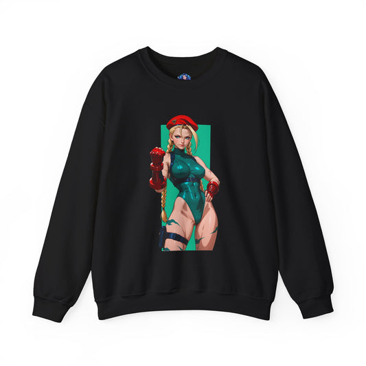 Cammy White Sweatshirt, Street Fighter Crewneck, Premium Gaming Apparel for Fans showcasing green-toned Cammy artwork on black crewneck