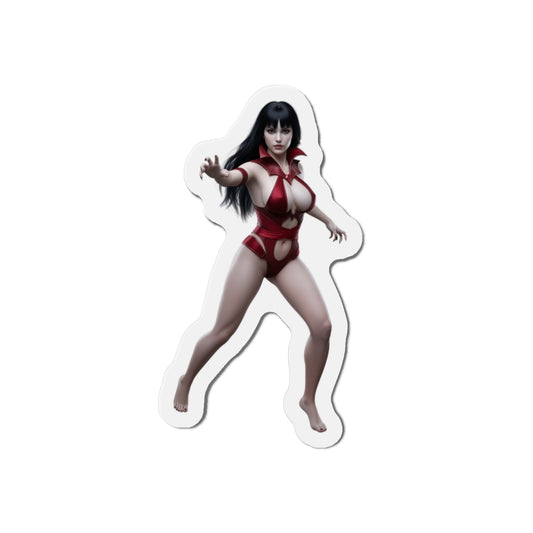 Vampirella Magnet – Classic Comic Heroine Fridge Magnet, Anime Style Decor, die-cut vinyl fridge magnet showing Vampirella in red costume reaching forward