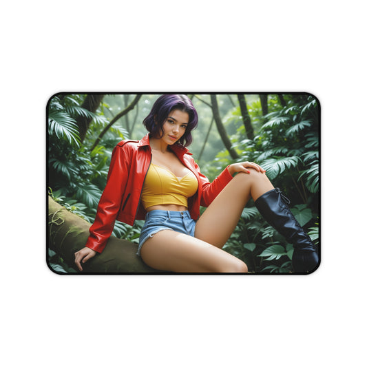 Faye Valentine Desk Mat, Cowboy Bebop Mouse Pad, Anime Heroine Desk Setup featuring Faye-style character in red jacket on jungle background