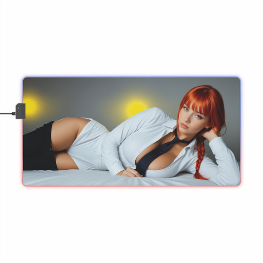 Makima Desk Mat – LED RGB Pad, Waifu Anime Girl Gaming Setup featuring red‑haired waifu reclining pose on RGB edge lighting