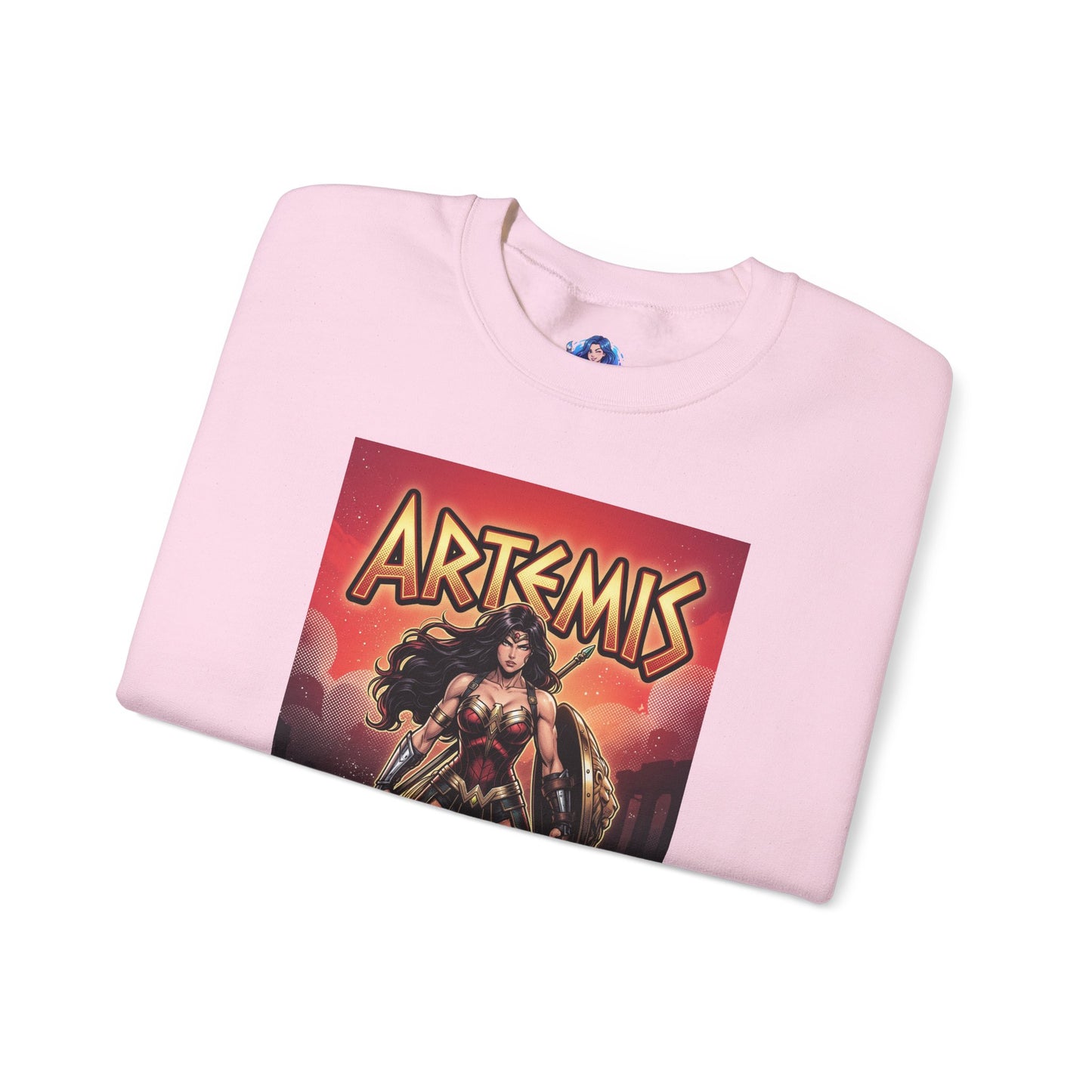 Artemis Sweatshirt, DC Comics Warrior Art, Premium Hero Apparel – folded pink crewneck with Artemis battle art, armor, spear and bold logo