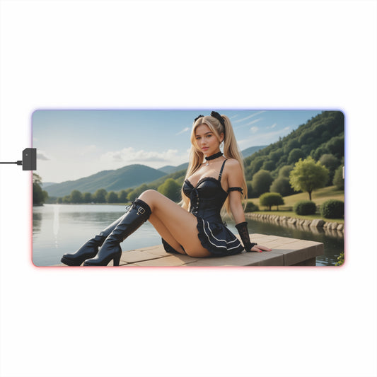 Misa Amane Desk Mat – LED RGB Pad, Waifu Anime Girl Gaming Setup featuring gothic waifu on RGB gaming mat by lakeside, smooth precision-cloth surface