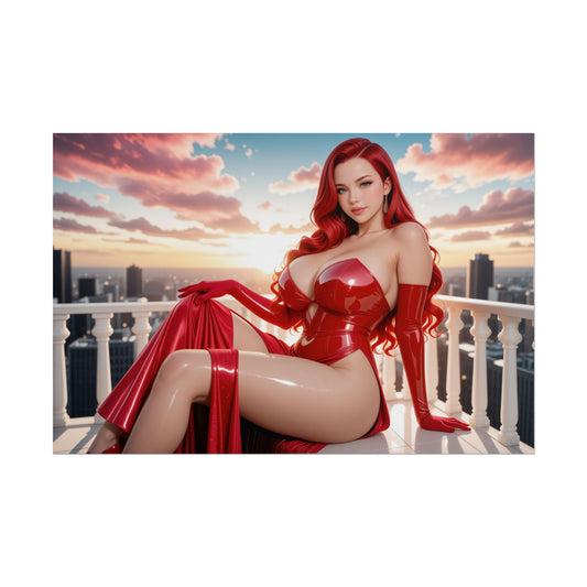 Jessica Rabbit Print | Fantasy Wall Poster for Glamorous Waifu Room Vibe - sultry red-haired character in glossy red outfit on balcony at sunset