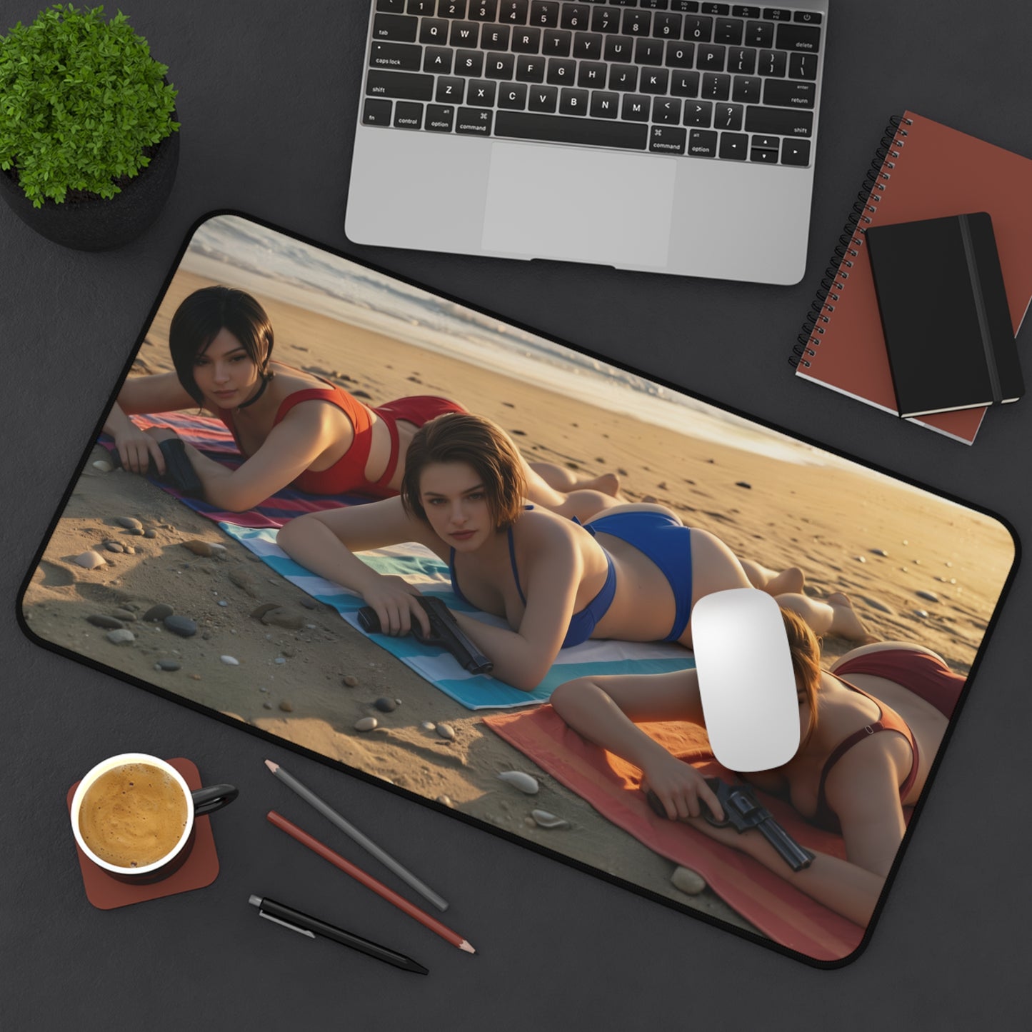Gaming Mouse Pad – Ada Wong Claire Redfield Jill Valentine Desk Mat, Horror Setup featuring three characters in swimsuits on a beach desk mat