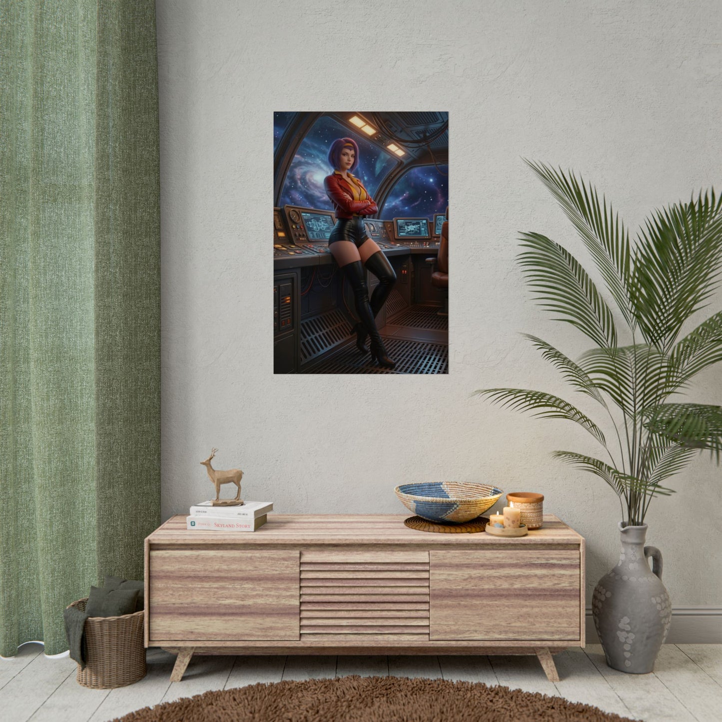 Faye Valentine Poster, Cowboy Bebop Wall Art Print – Anime Decor showcased in modern living room above console