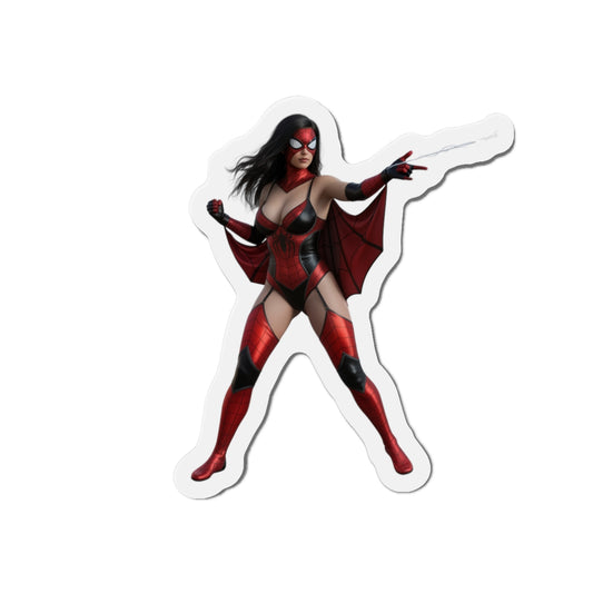 Spider-Woman Magnet – Marvel Heroine Fridge Magnet, Anime Style Decor - die-cut vinyl magnet showing Spider-Woman in red anime-style pose for fridge or locker