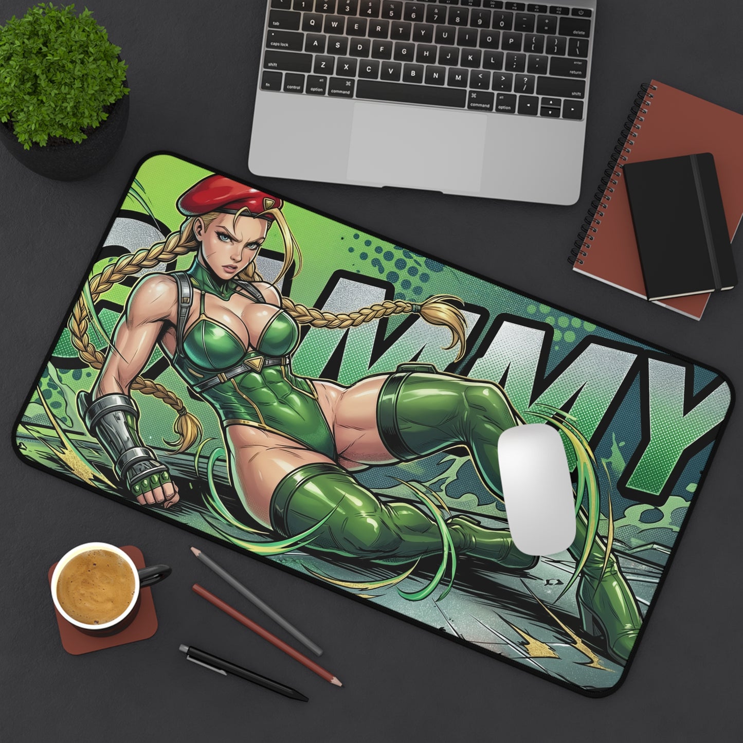 Cammy Desk Mat, Street Fighter Mouse Pad, Gaming Setup Desk Decor — dynamic Cammy art, smooth glide surface, stitched edges, non-slip base