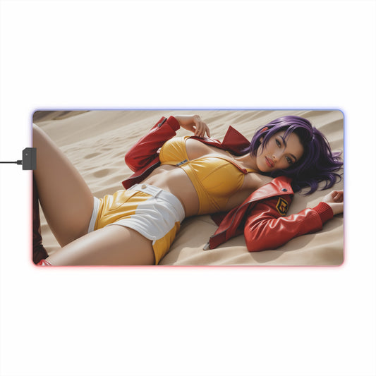 Faye Valentine Desk Mat – LED RGB Pad, Elegant Waifu Anime Girl Setup featuring reclining waifu in yellow outfit and red jacket on sand with smooth precision-cloth surface