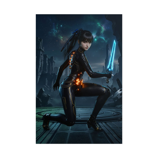EVE Poster, Stellar Blade Art Print, Legendary Android Warrior – futuristic android warrior kneeling with glowing blue energy blade in sci‑fi environment