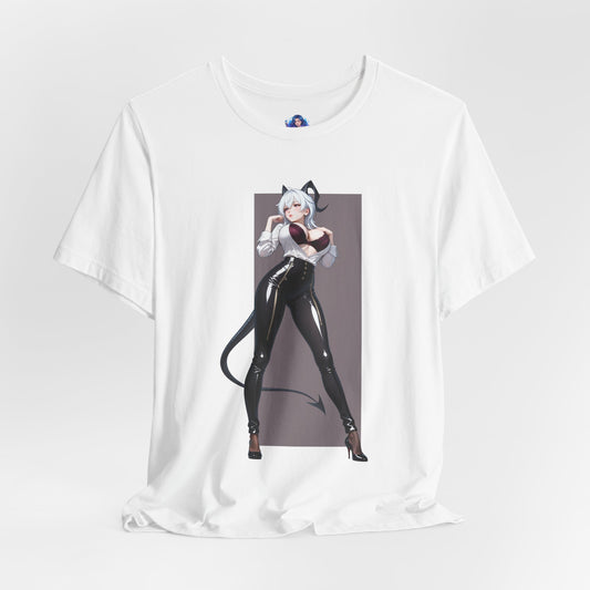Zani T-Shirt | Anime-Style Character Tee for Fans & Collectors - white Bella Canvas tee featuring original heroine Zani in glossy black pants and confident pose
