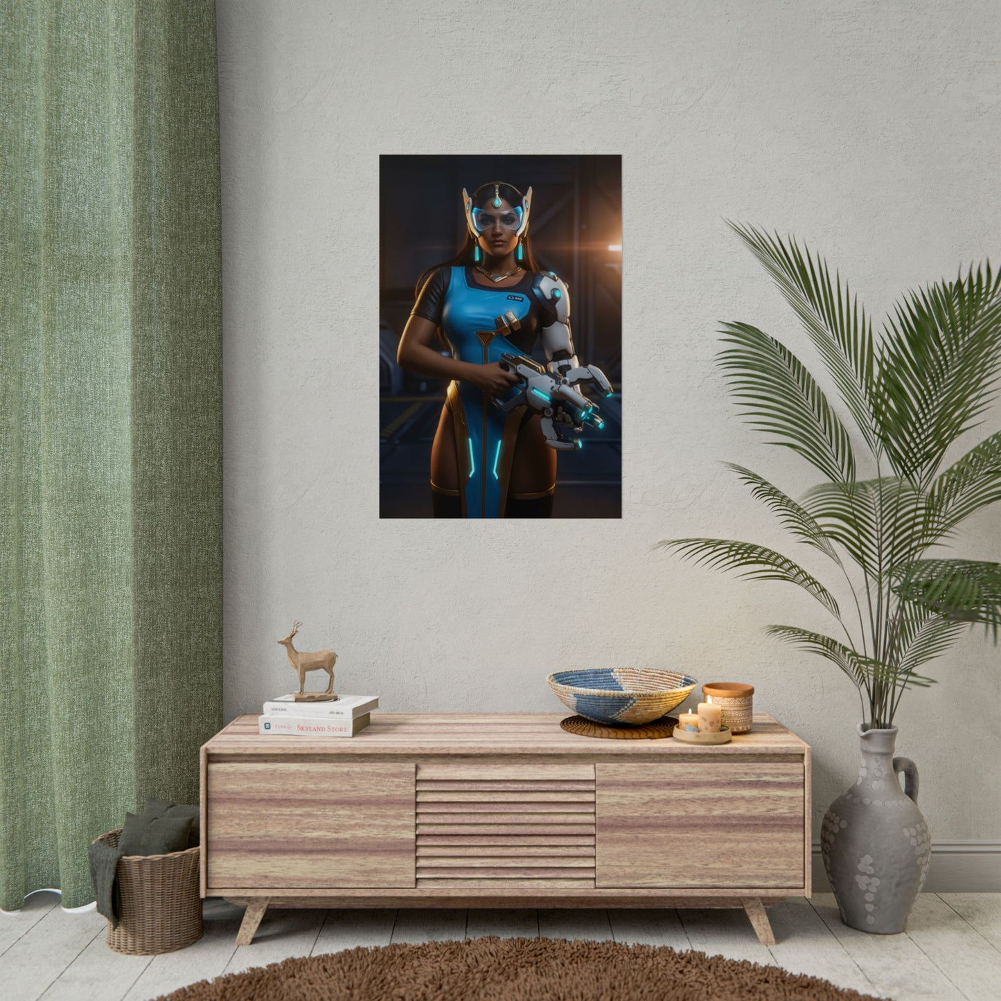 Symmetra Poster, Overwatch Art Print – Iconic Architect Heroine Wall Art showing Symmetra neon hard-light design in a gaming room decor setting