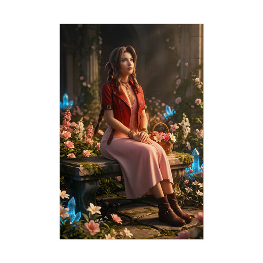 Aerith Final Fantasy Poster – Iconic RPG Heroine Wall Art for Gamer Decor featuring Aerith seated amid flowers and glowing crystals