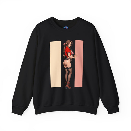 Aerith Gainsborough Sweatshirt, Final Fantasy Crewneck, Cozy Gaming Apparel for Fans featuring pink palette illustration of Aerith with braided hair and staff-inspired design