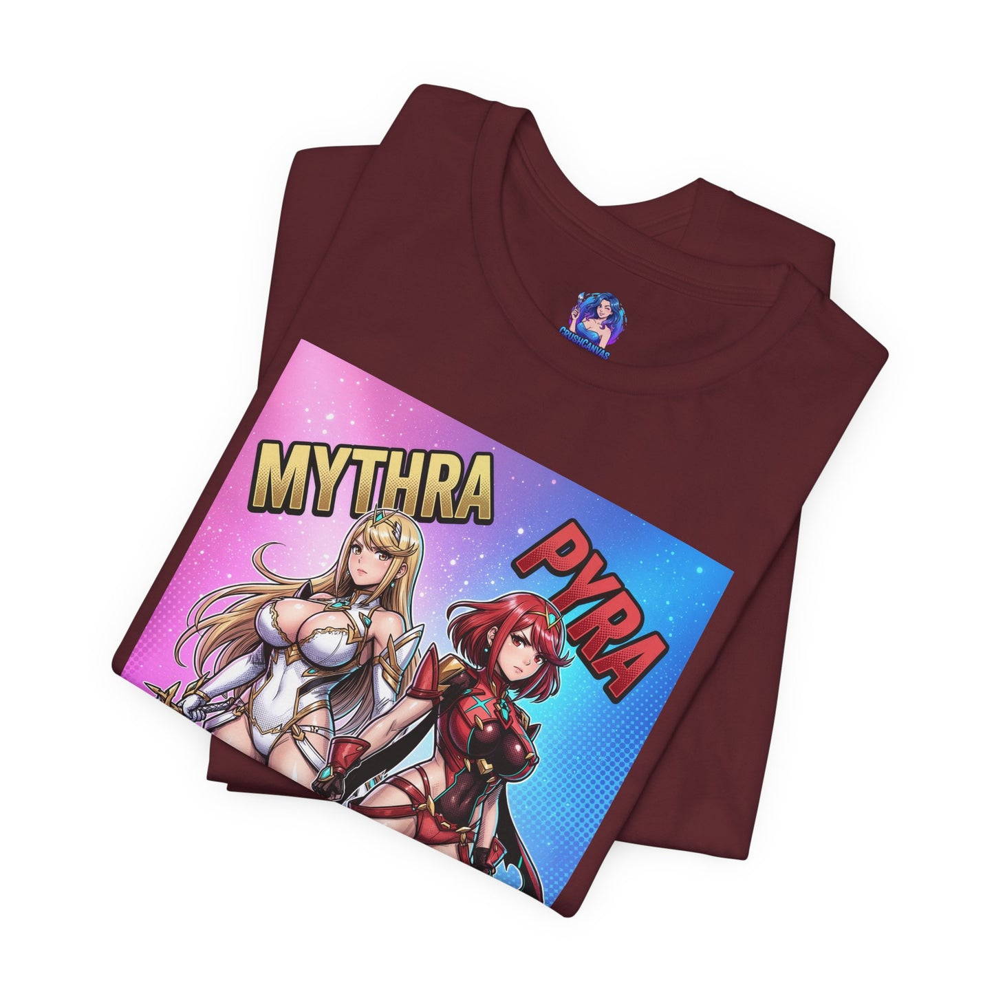 Mythra and Pyra T-Shirt | Anime Tee for Gamers showing side-by-side Mythra and Pyra illustration on a maroon Bella Canvas tee
