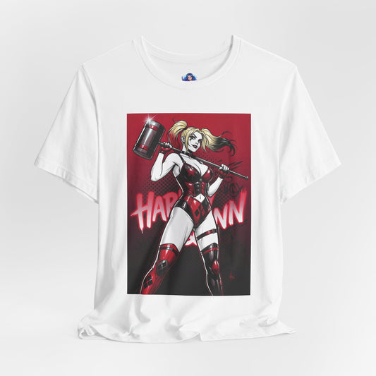 Harley Quinn T-Shirt | DC Comics Anime Tee for Gamers & Fans showing comic-style Harley with hammer on white Bella Canvas tee