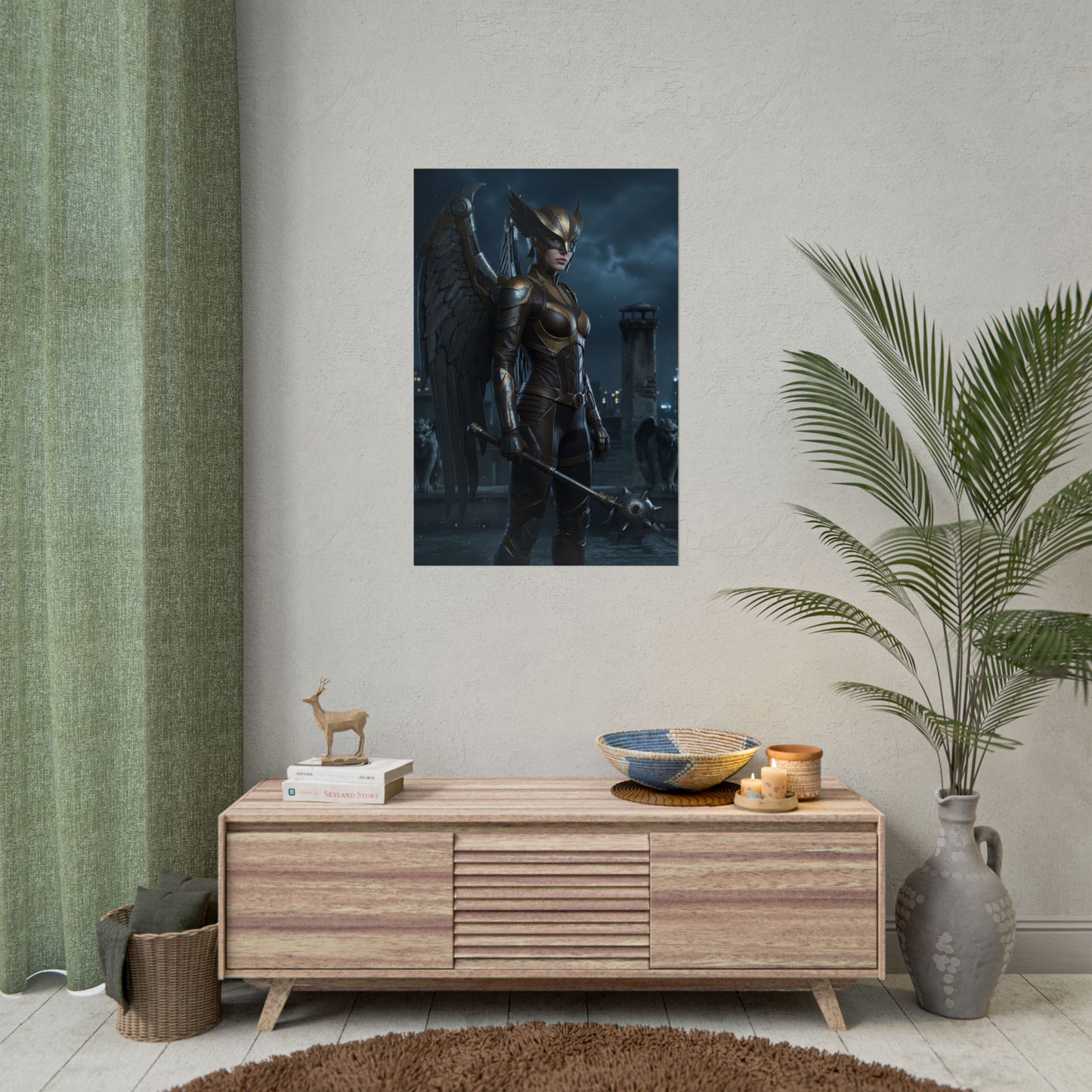 Hawkgirl Poster, DC Art Print – Iconic Winged Warrior Heroine Wall Art in modern living room display, ultra-high resolution comic art