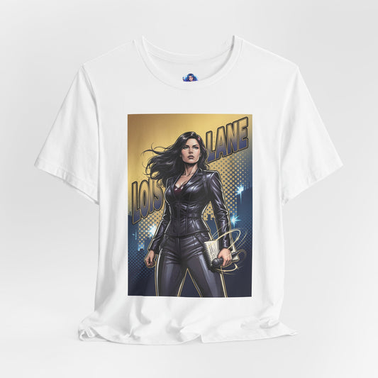 Lois Lane T-Shirt | DC Comics Anime Tee for Gamers & Fans - comic-style Lois Lane in leather jacket holding notebook and microphone on white Bella Canvas tee