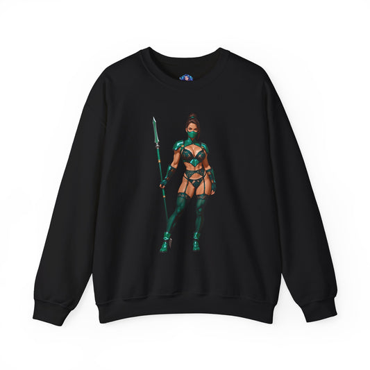 Jade Mortal Kombat Sweatshirt, Emerald Assassin Crewneck, Cozy Gaming Streetwear for Collectors featuring green-staffed Jade illustration on black crewneck