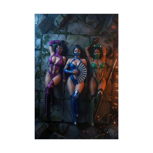 Kitana Mileena Jade Poster, Mortal Kombat Wall Art Print – Trio Decor - trio of female fighters in purple blue and green outfits on stone floor