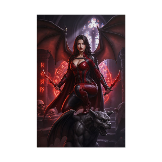 Nitara Mortal Kombat Poster – Iconic Vampire Warrior Heroine Wall Art dramatic red-armored Nitara with wings, daggers, gothic cathedral and gargoyle statue