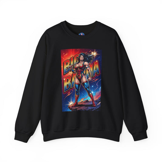 Big Barda Sweatshirt, DC Comics Character Art, Premium Fan Apparel showing bold Big Barda heroic stance on black crewneck with vivid comic armor illustration
