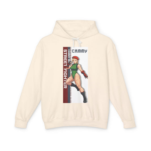 Cammy Hoodie | Street Fighter Hoodie | Anime Fighter Girl Pullover - cream pullover with bold Cammy anime fighter girl illustration