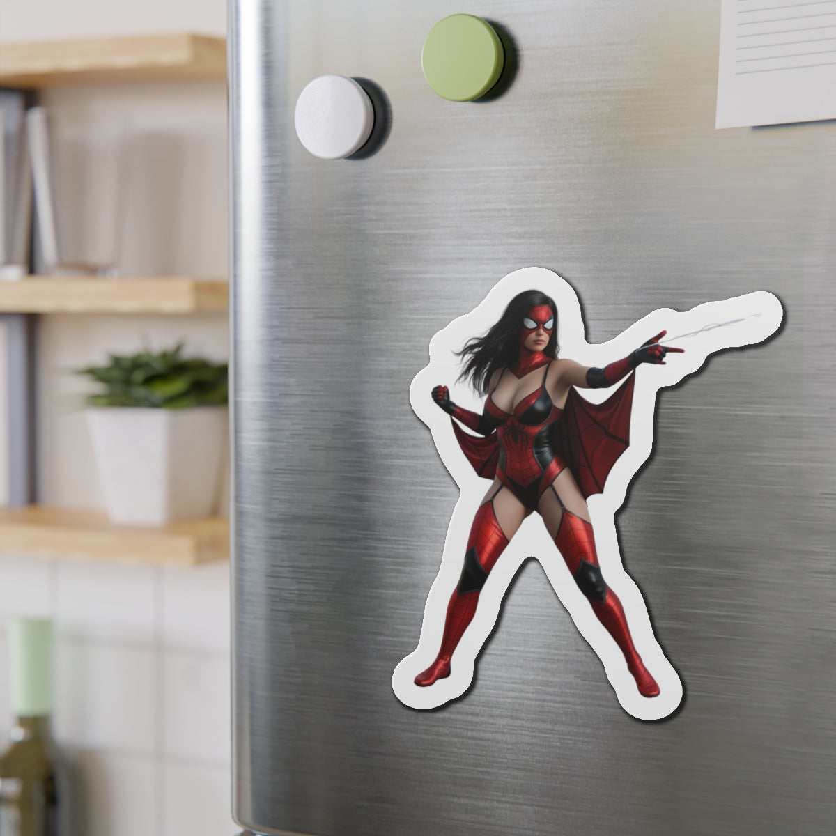 Spider-Woman Magnet – Marvel Heroine Fridge Magnet, Anime Style Decor on stainless fridge showing die-cut vinyl anime-style Spider-Woman pose