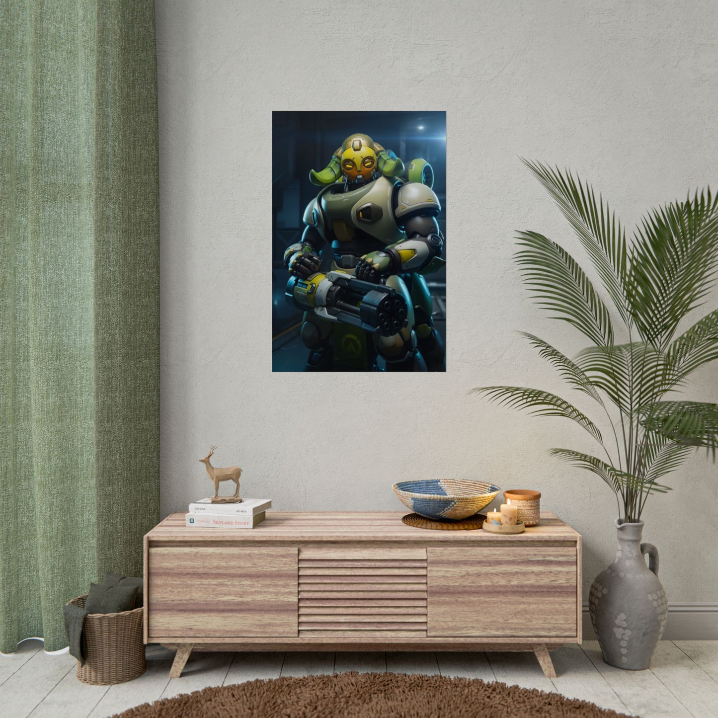 Orisa Poster, Overwatch Art Print – Iconic Guardian Tank Hero Wall Art hung in a modern gamer room above a wooden console