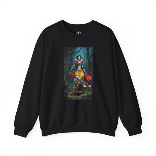 Cyber Snow White Sweatshirt, Futuristic Fairy Tale Crewneck, Stylish Gaming Streetwear for Fans — black crewneck with cyberpunk Snow White illustration
