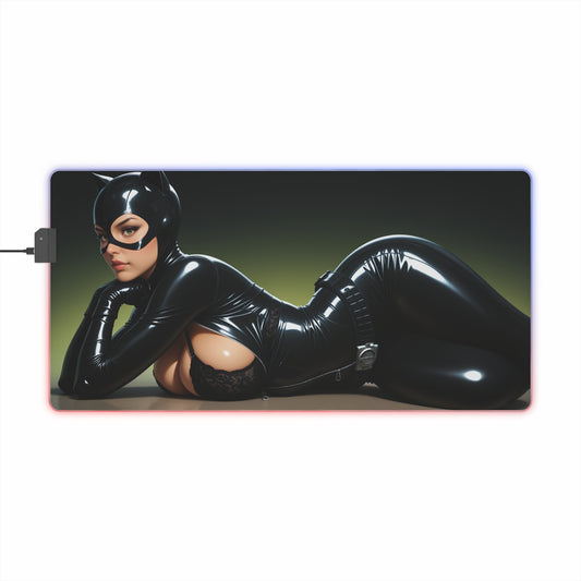 Catwoman Desk Mat – LED RGB Pad, Waifu Anime Girl Gaming Setup – sleek Catwoman waifu on glossy black latex, RGB edge lighting