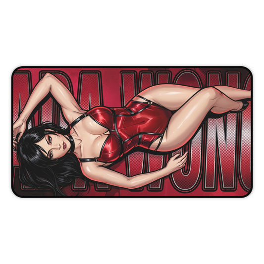 Ada Wong Desk Mat, Action Game Mouse Pad, Stylish Gamer Desk Decor featuring reclining Ada Wong in red combat outfit on a non-slip gaming desk mat