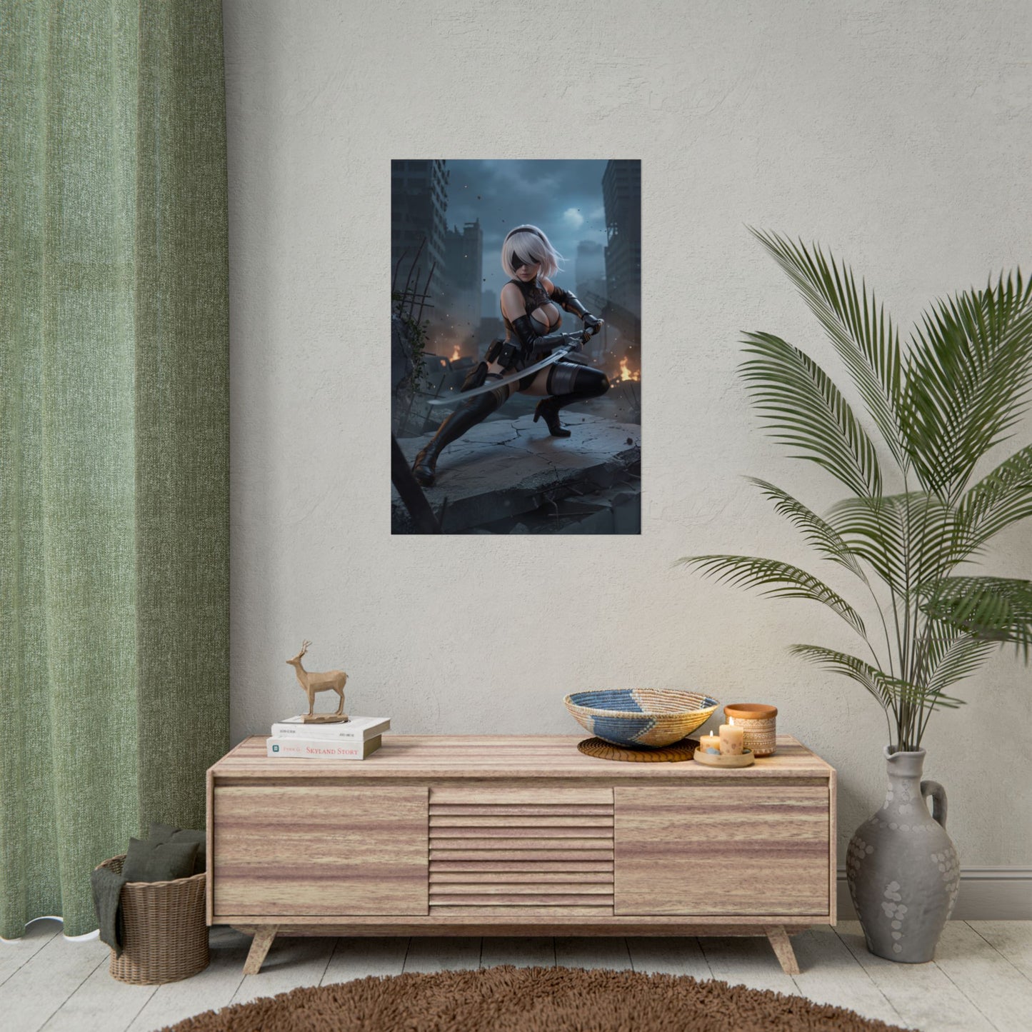 2B Poster, Nier Automata Art Print – Iconic Android Warrior Wall Art showcasing 2B in a dramatic urban battle pose on premium poster