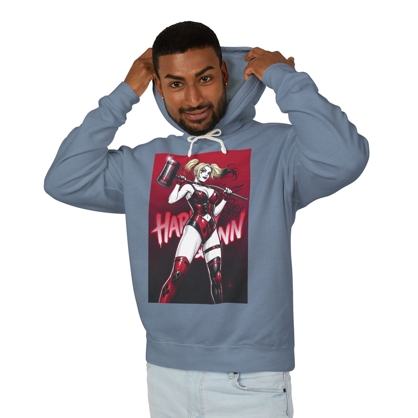 Harley Quinn Hoodie | DC Villain Hoodie | Chaos Queen Pullover model wearing blue streetwear hoodie with Harley Quinn graphic and hammer