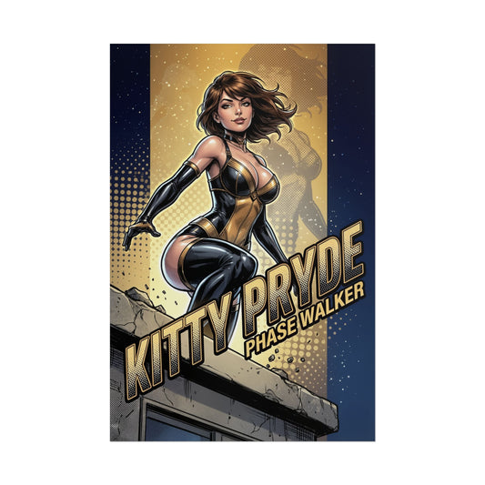 Kitty Pryde Poster / Kitty Pryde Wall Art / Kitty Pryde Art Print / X-Men Poster - sleek comic-style Kitty Pryde in dynamic rooftop pose, bold modern superhero design