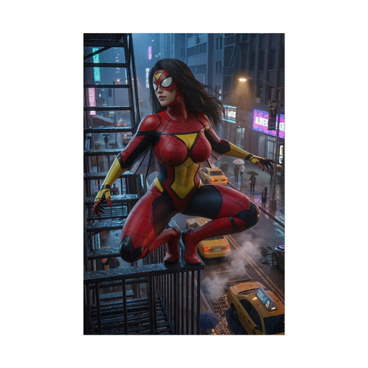 Spider-Woman Jessica Drew Poster, Marvel Wall Art Print - hero pose on fire escape above rainy city street, premium high-resolution comic art